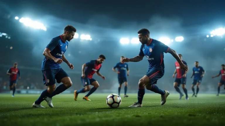Sahada futbol oynayan oyuncular, dijital forma giyiyor, gece çekimi